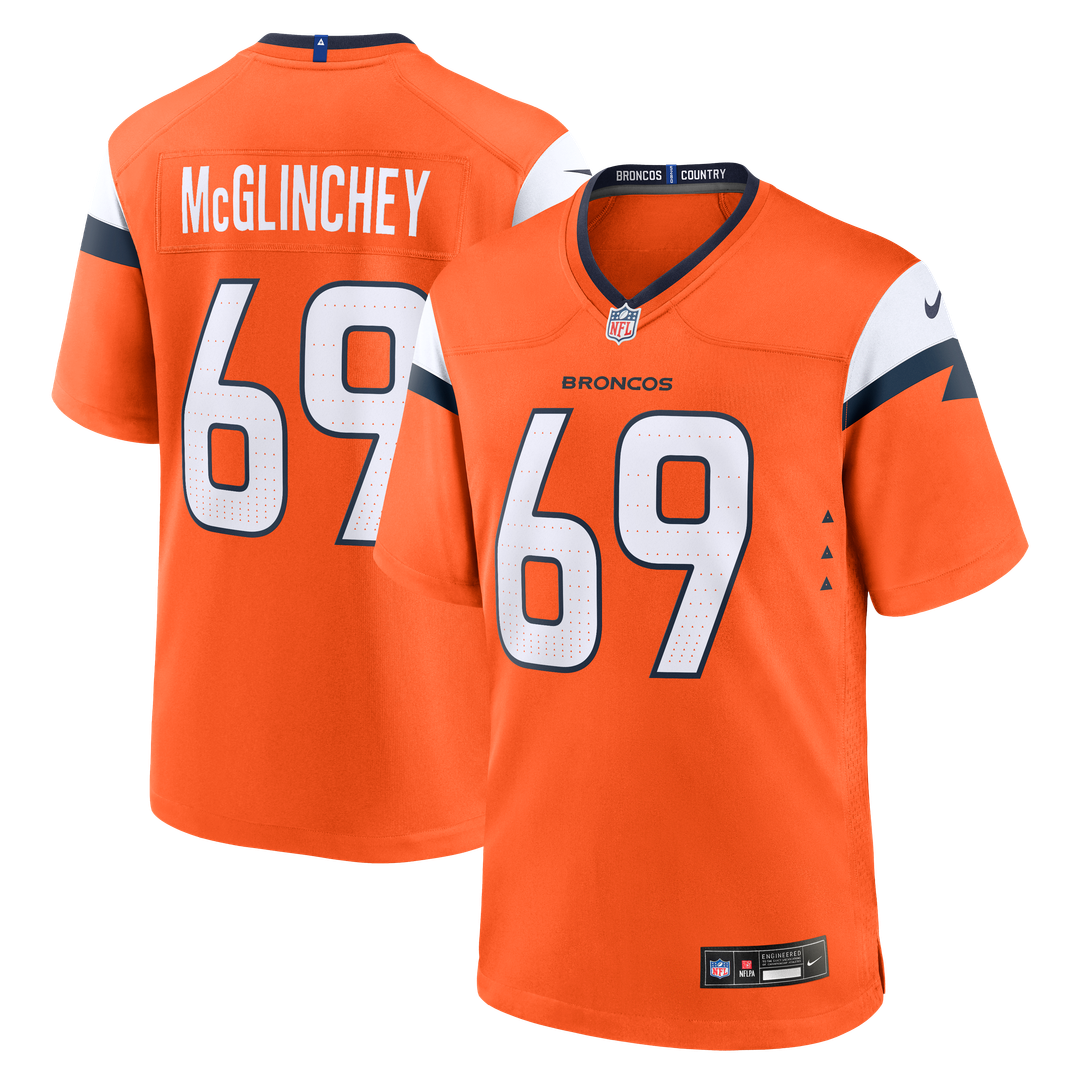 Denver Broncos Mike McGlinchey Orange Team Game Jersey product image 1, provided for visual reference and product detail
