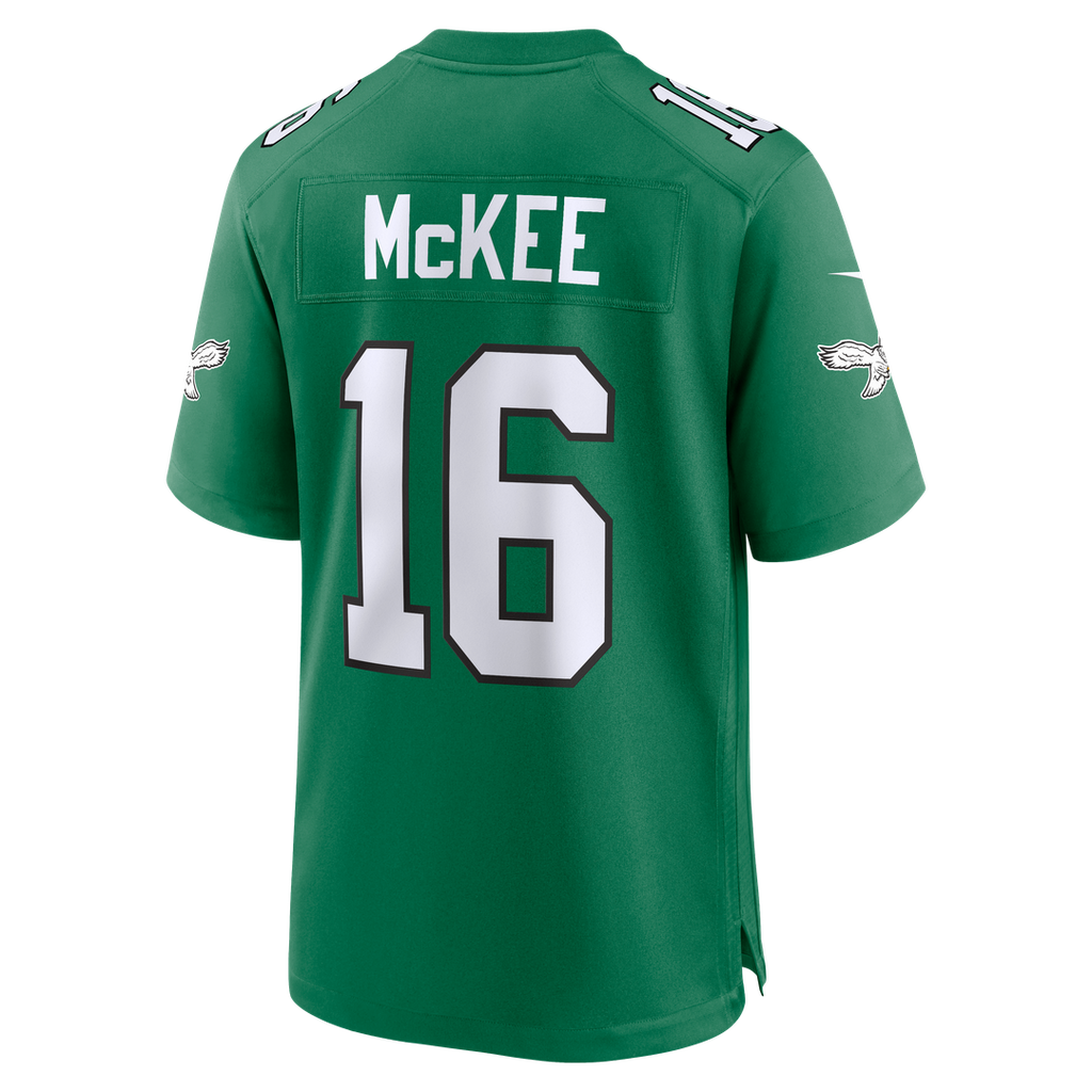 Philadelphia Eagles Tanner McKee Kelly Green Alternate Game Jersey product image 3, provided for visual reference and
