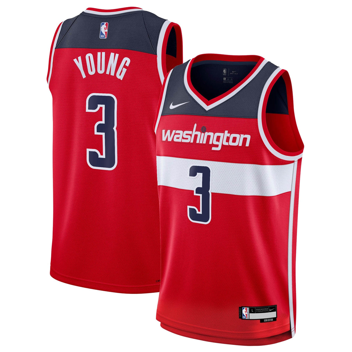 Trae Young Washington Wizards Icon Edition Swingman Jersey - Red - Youth product image 1, provided for visual reference and