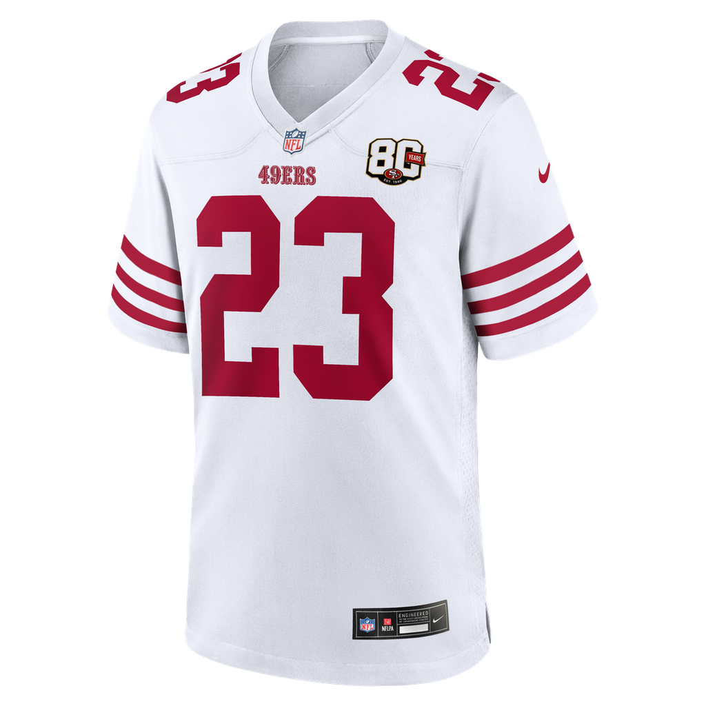 San Francisco 49ers Christian McCaffrey White 80th Anniversary Game Jersey product image 2, provided for visual reference