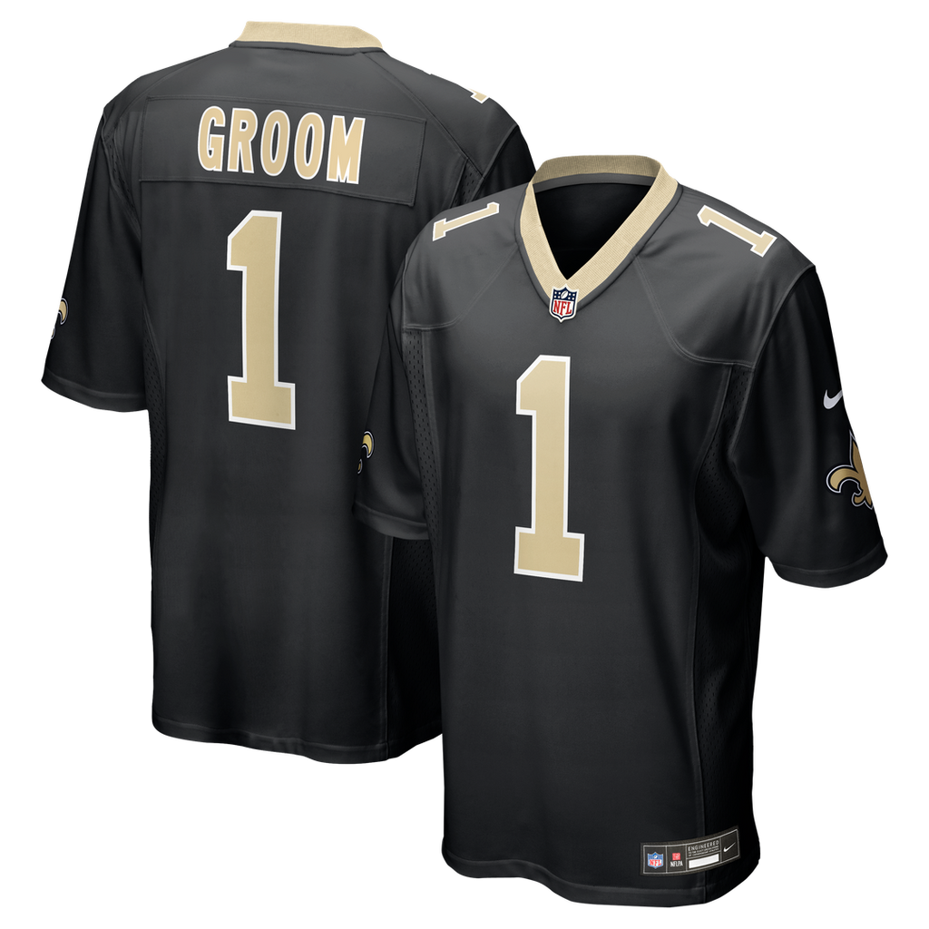 New Orleans Saints Number 1 Groom Black Game Jersey product image 1, provided for visual reference and product detail review