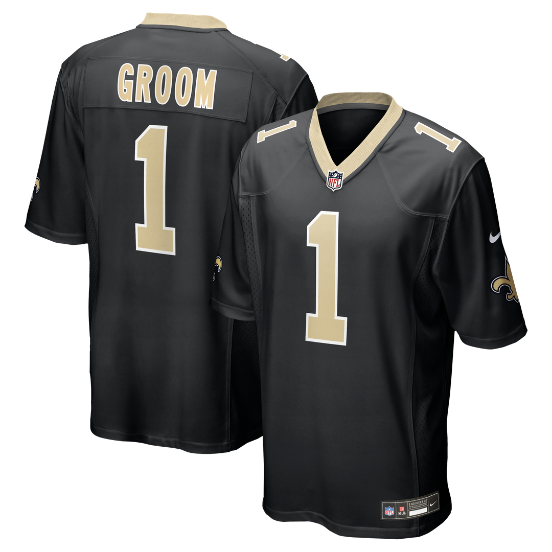 New Orleans Saints Number 1 Groom Black Game Jersey product image 1, provided for visual reference and product detail review