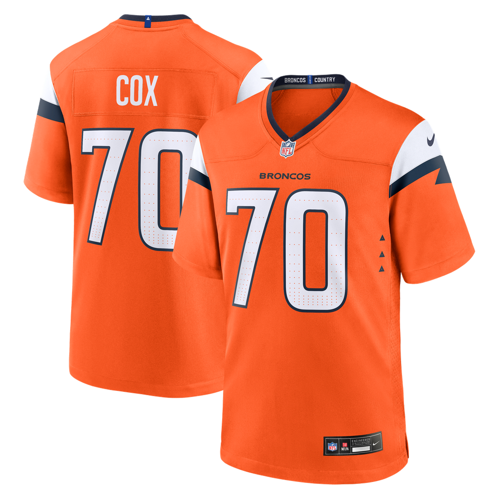 Denver Broncos Marques Cox Orange Team Game Jersey product image 1, provided for visual reference and product detail review