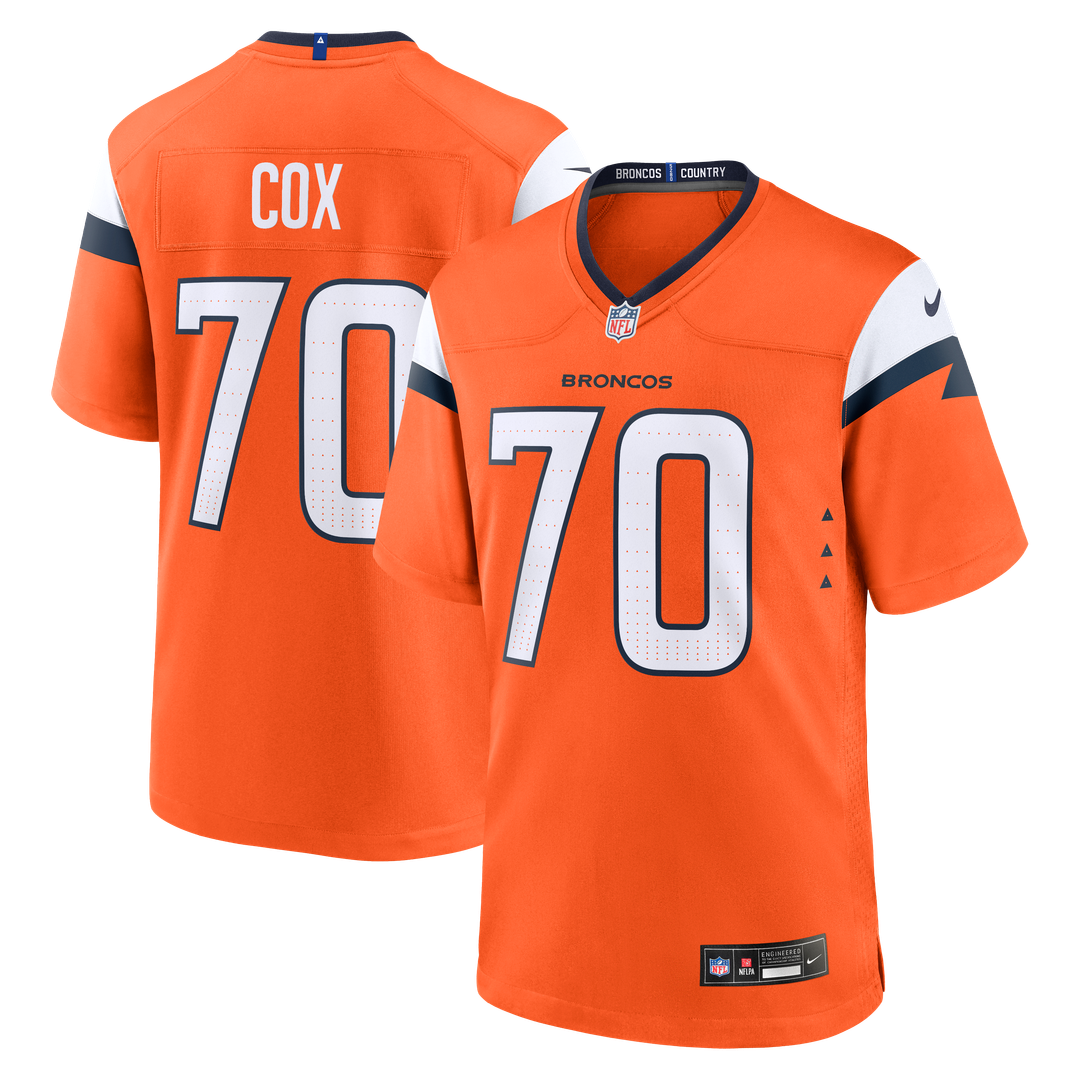 Denver Broncos Marques Cox Orange Team Game Jersey product image 1, provided for visual reference and product detail review