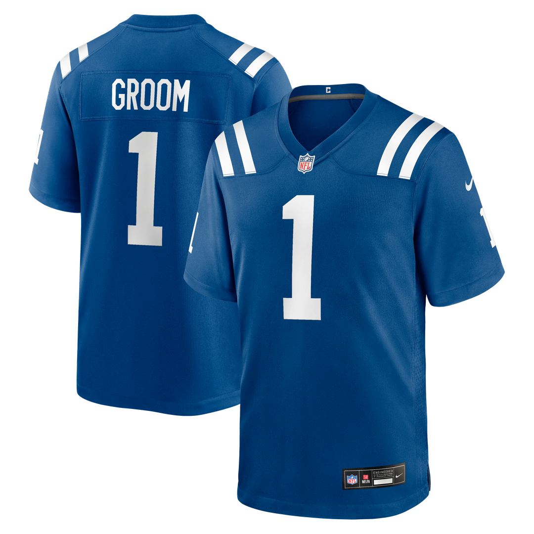 Indianapolis Colts Number 1 Groom Royal Game Jersey product image 1, provided for visual reference and product detail review