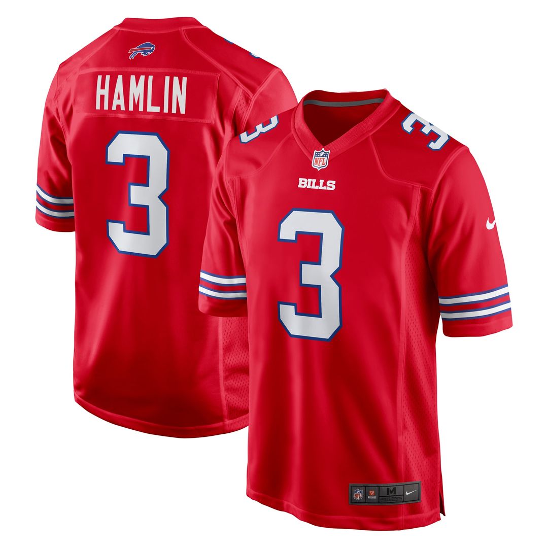 Buffalo Bills Damar Hamlin Red Alternate Game Jersey product image 1, provided for visual reference and product detail review