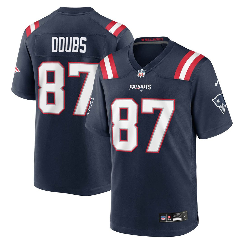 New England Patriots Romeo Doubs Navy Game Jersey product image 1, provided for visual reference and product detail review