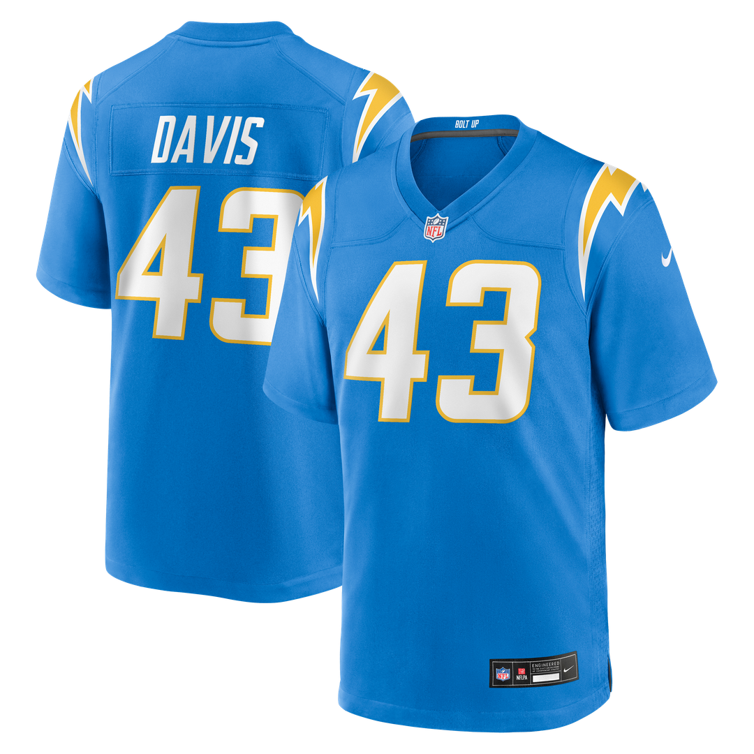 Los Angeles Chargers Michael Davis Powder Blue Game Jersey product image 1, provided for visual reference and product detail