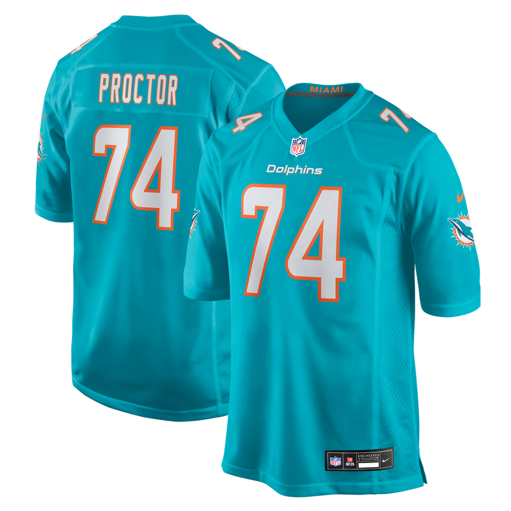 Miami Dolphins Kadyn Proctor Aqua Team Game Jersey product image 1, provided for visual reference and product detail review