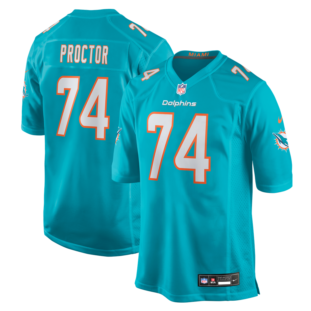 Miami Dolphins Kadyn Proctor Aqua Team Game Jersey product image 1, provided for visual reference and product detail review