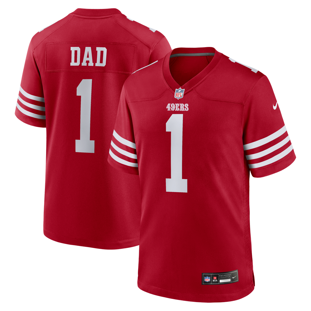 San Francisco 49ers Number 1 Dad Scarlet Game Jersey product image 1, provided for visual reference and product detail review