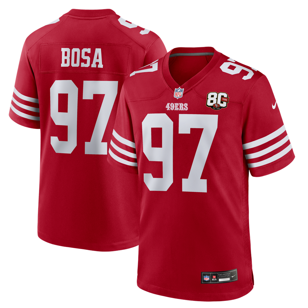 San Francisco 49ers Nick Bosa Scarlet 80th Anniversary Game Jersey product image 11, provided for visual reference and