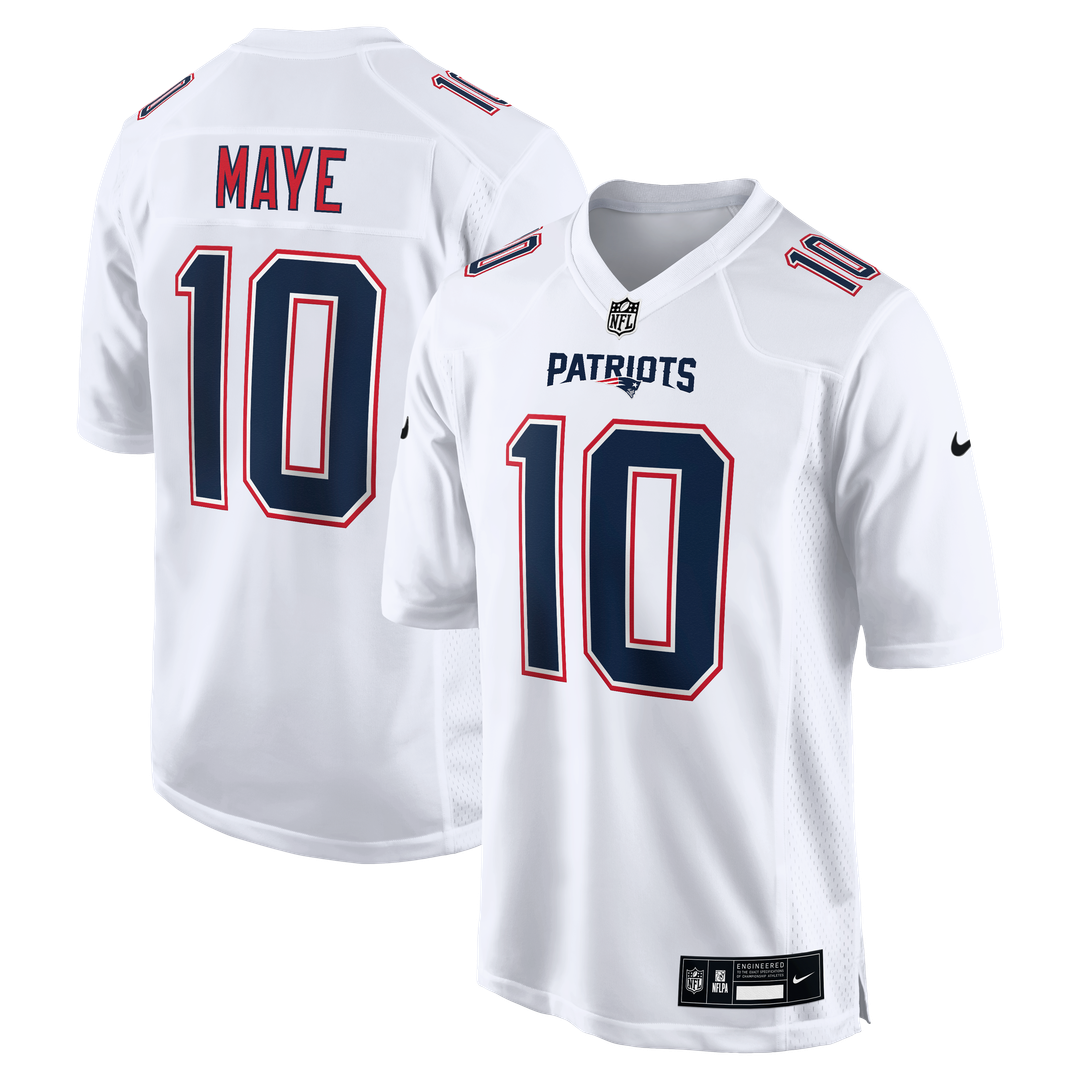 New England Patriots Drake Maye Tundra White Game Jersey product image 1, provided for visual reference and product detail