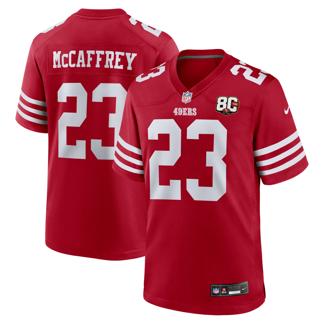 San Francisco 49ers Christian McCaffrey White 80th Anniversary Game Jersey product image 7, provided for visual reference