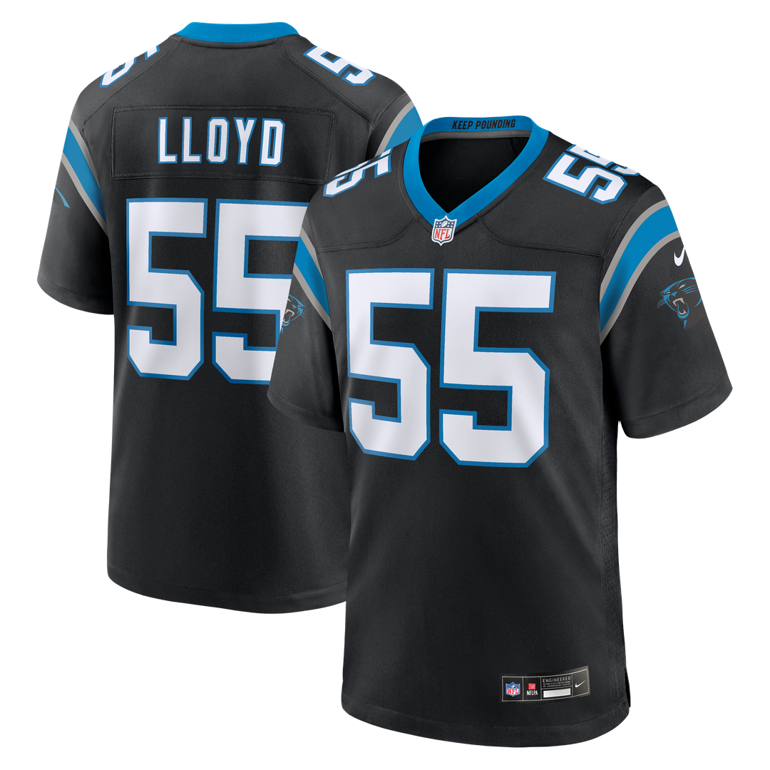 Carolina Panthers Devin Lloyd Black Team Game Jersey product image 1, provided for visual reference and product detail review