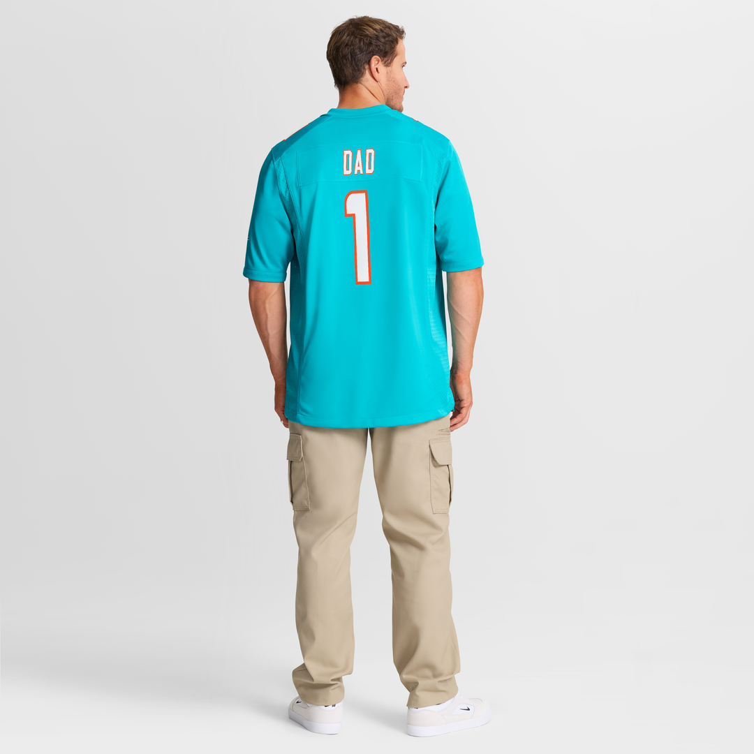 Miami Dolphins Number 1 Dad Aqua Game Jersey product image 8, provided for visual reference and product detail review