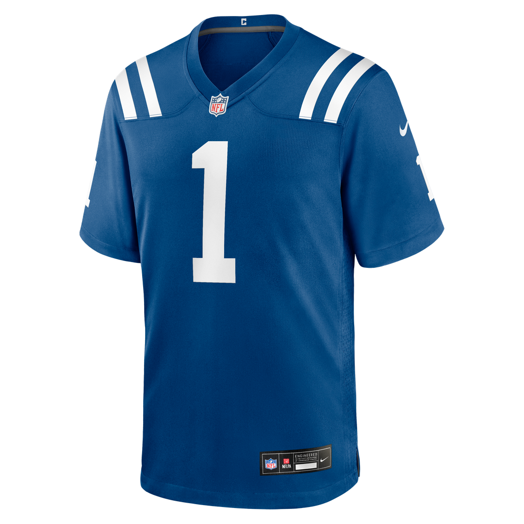 Indianapolis Colts Number 1 Groom Royal Game Jersey product image 2, provided for visual reference and product detail review
