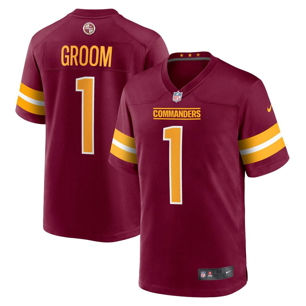 Washington Commanders Number 1 Groom Burgundy Game Jersey product image 1, provided for visual reference and product detail