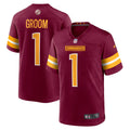 Washington Commanders Number 1 Groom Burgundy Game Jersey product image 1, provided for visual reference and product detail