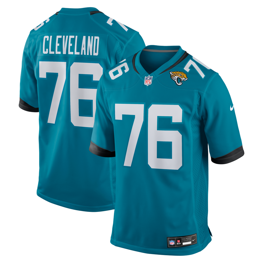 Jacksonville Jaguars Ezra Cleveland Teal Game Jersey product image 1, provided for visual reference and product detail review