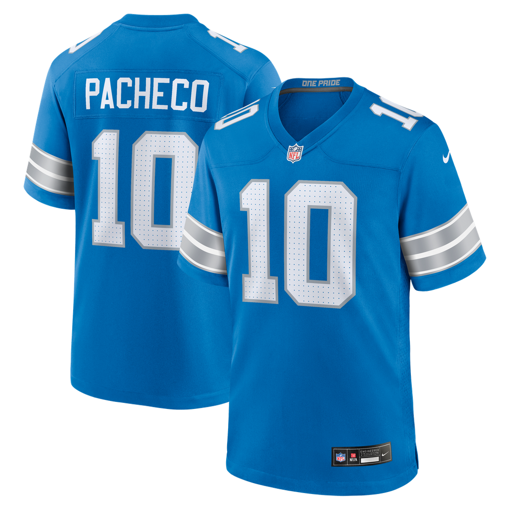 Detroit Lions Isiah Pacheco Blue Team Game Jersey product image 1, provided for visual reference and product detail review