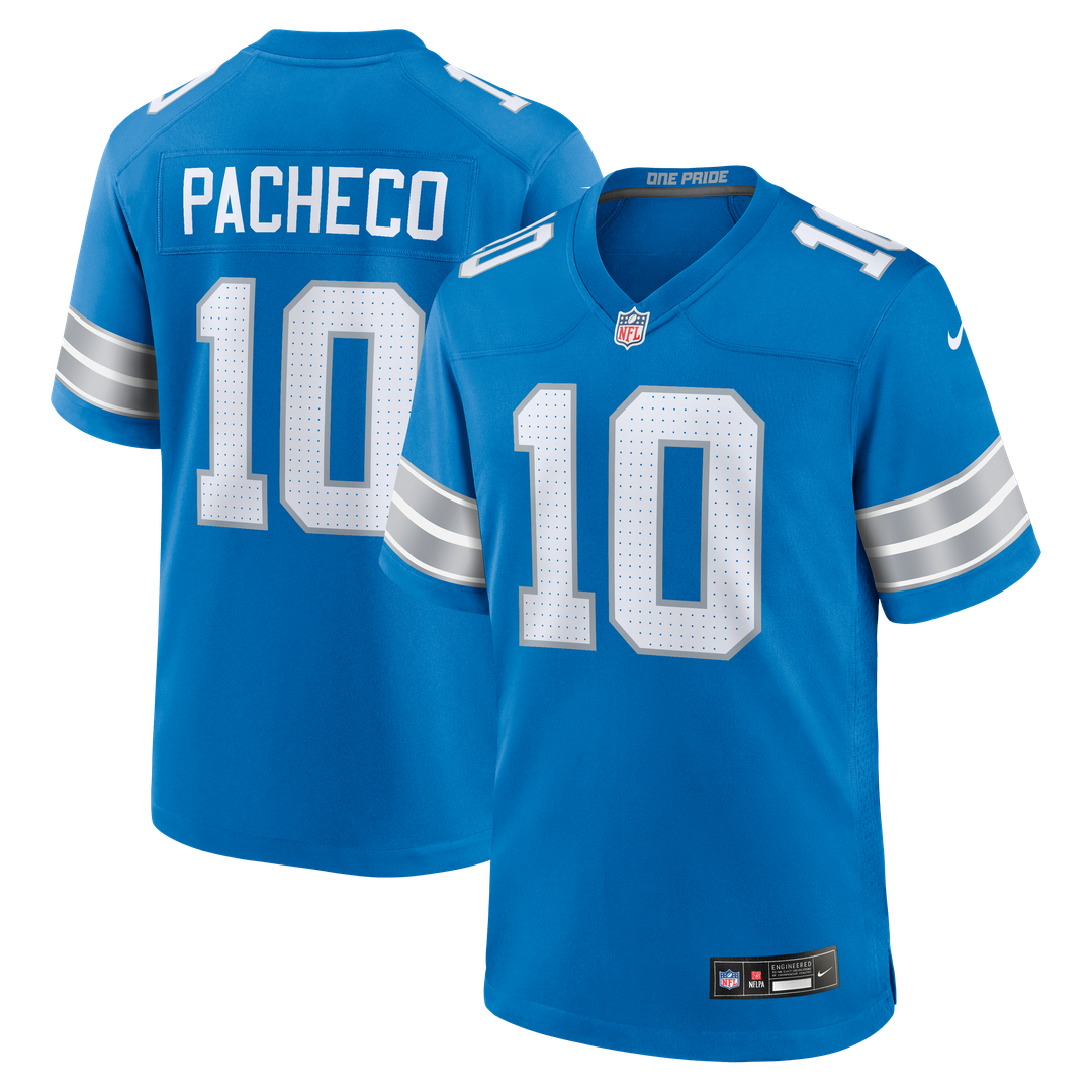 Detroit Lions Isiah Pacheco Blue Team Game Jersey product image 1, provided for visual reference and product detail review
