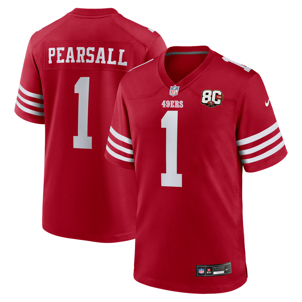 San Francisco 49ers Ricky Pearsall Scarlet 80th Anniversary Game Jersey product image 1, provided for visual reference and