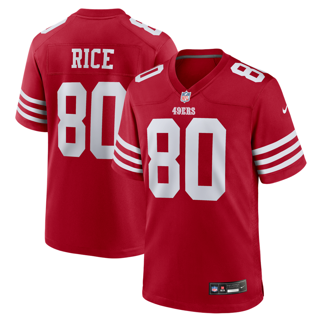 San Francisco 49ers Jerry Rice Scarlet Retired Game Player Jersey product image 1, provided for visual reference and product