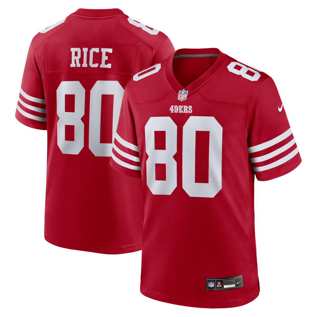 San Francisco 49ers Jerry Rice Scarlet Retired Game Player Jersey product image 1, provided for visual reference and product
