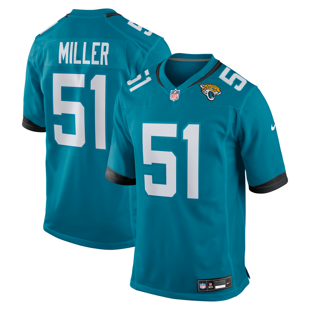 Jacksonville Jaguars Ventrell Miller Teal Game Jersey product image 1, provided for visual reference and product detail
