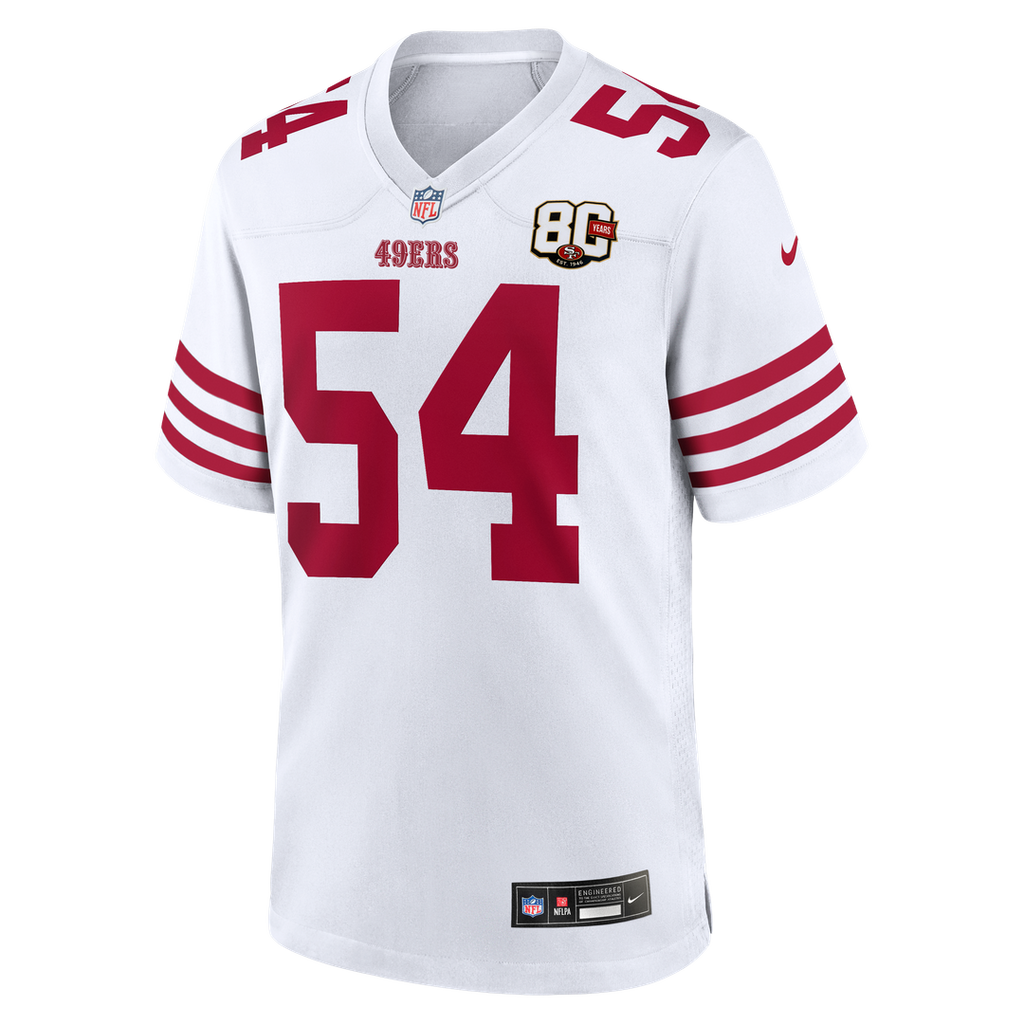 San Francisco 49ers Fred Warner White 80th Anniversary Game Jersey product image 5, provided for visual reference and