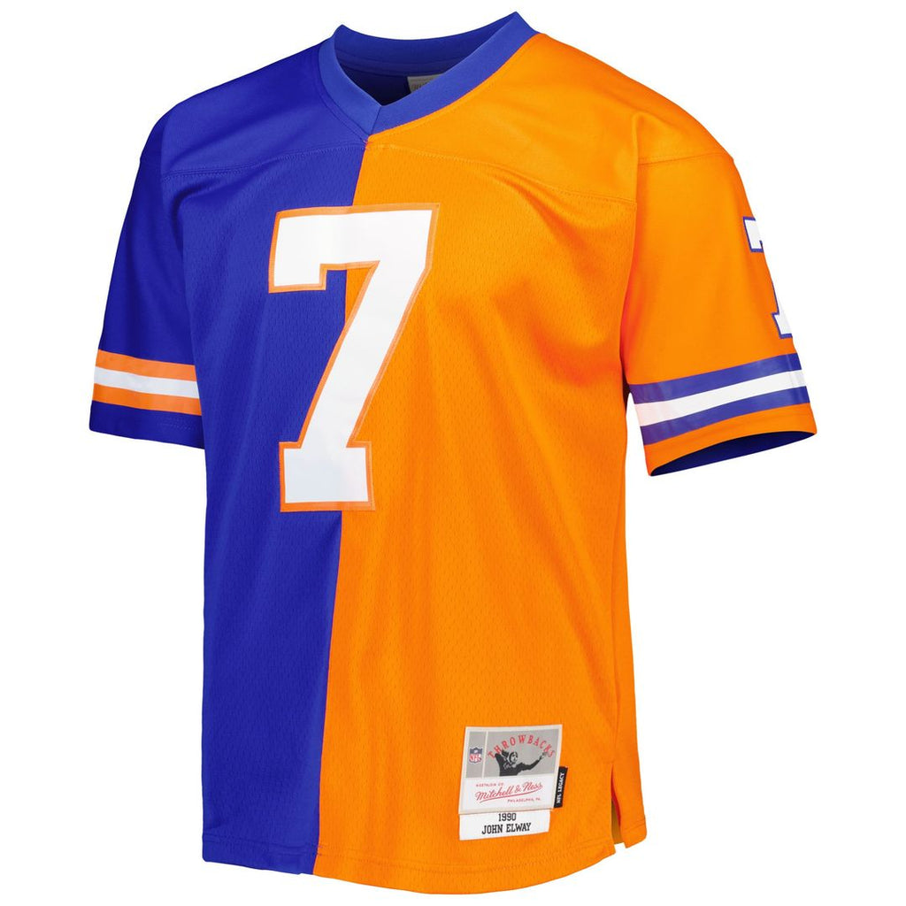 Denver Broncos John Elway Royal/Orange 1990 Split Legacy Replica Jersey product image 2, provided for visual reference and