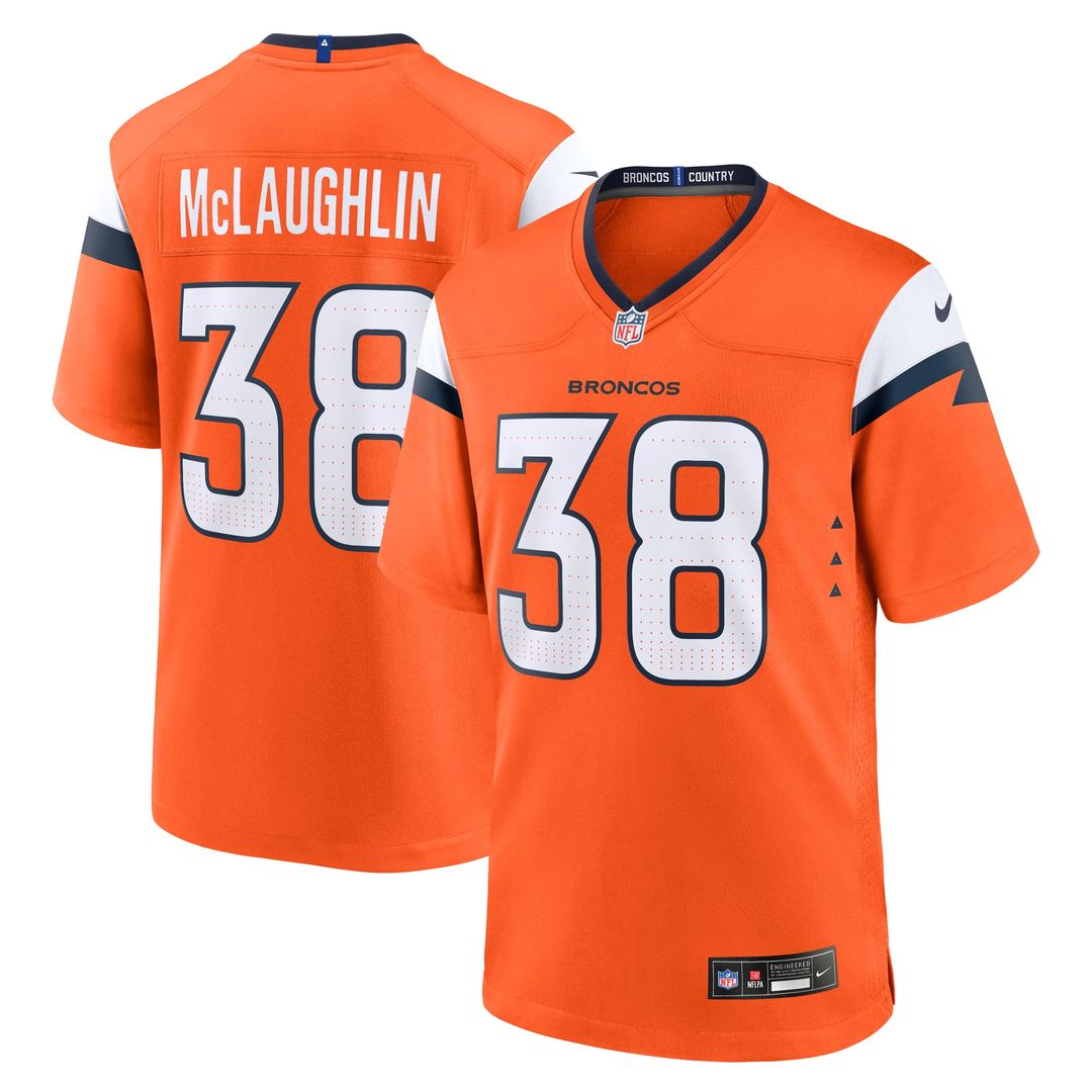 Denver Broncos Jaleel McLaughlin Orange Team Game Jersey product image 1, provided for visual reference and product detail