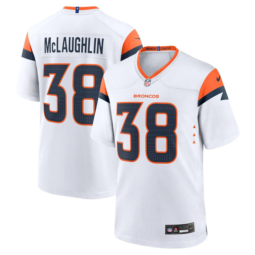 Denver Broncos Jaleel McLaughlin White Game Jersey product image 1, provided for visual reference and product detail review
