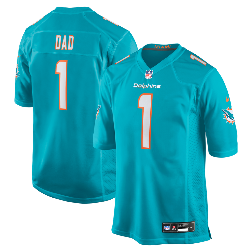 Miami Dolphins Number 1 Dad Aqua Game Jersey product image 1, provided for visual reference and product detail review