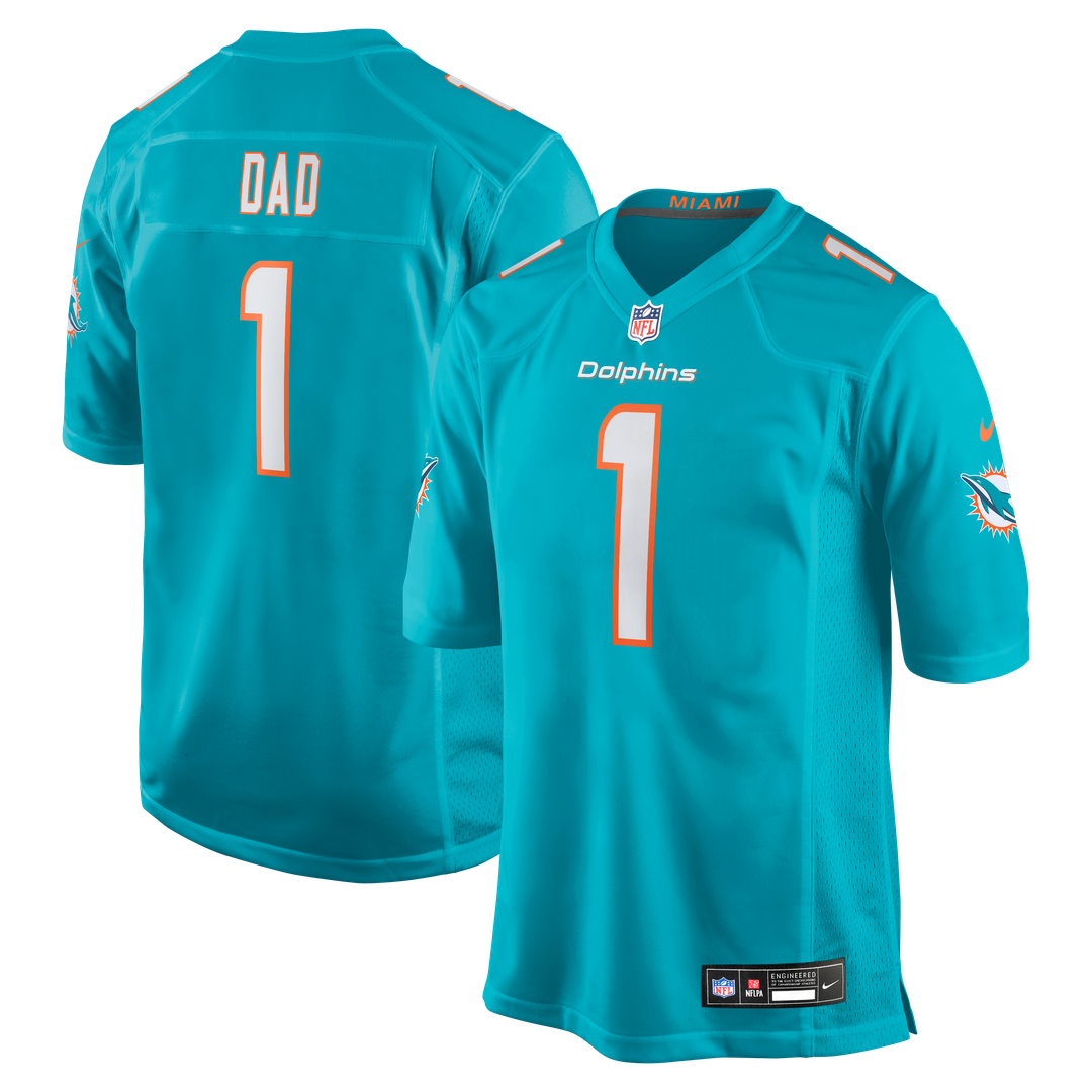 Miami Dolphins Number 1 Dad Aqua Game Jersey product image 1, provided for visual reference and product detail review