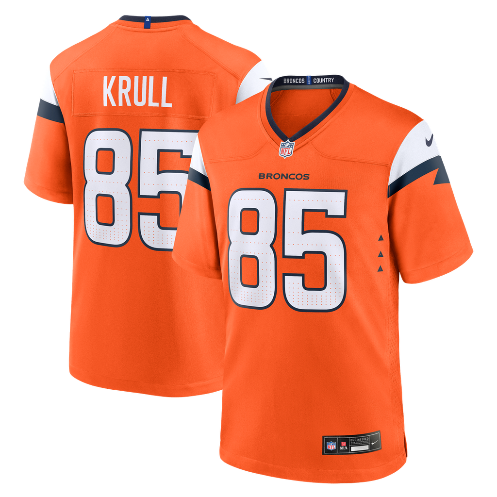 Denver Broncos Lucas Krull Orange Team Game Jersey product image 1, provided for visual reference and product detail review
