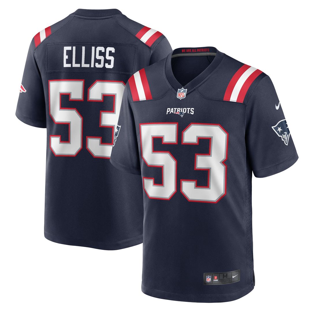 New England Patriots Christian Elliss Navy Game Jersey product image 1, provided for visual reference and product detail