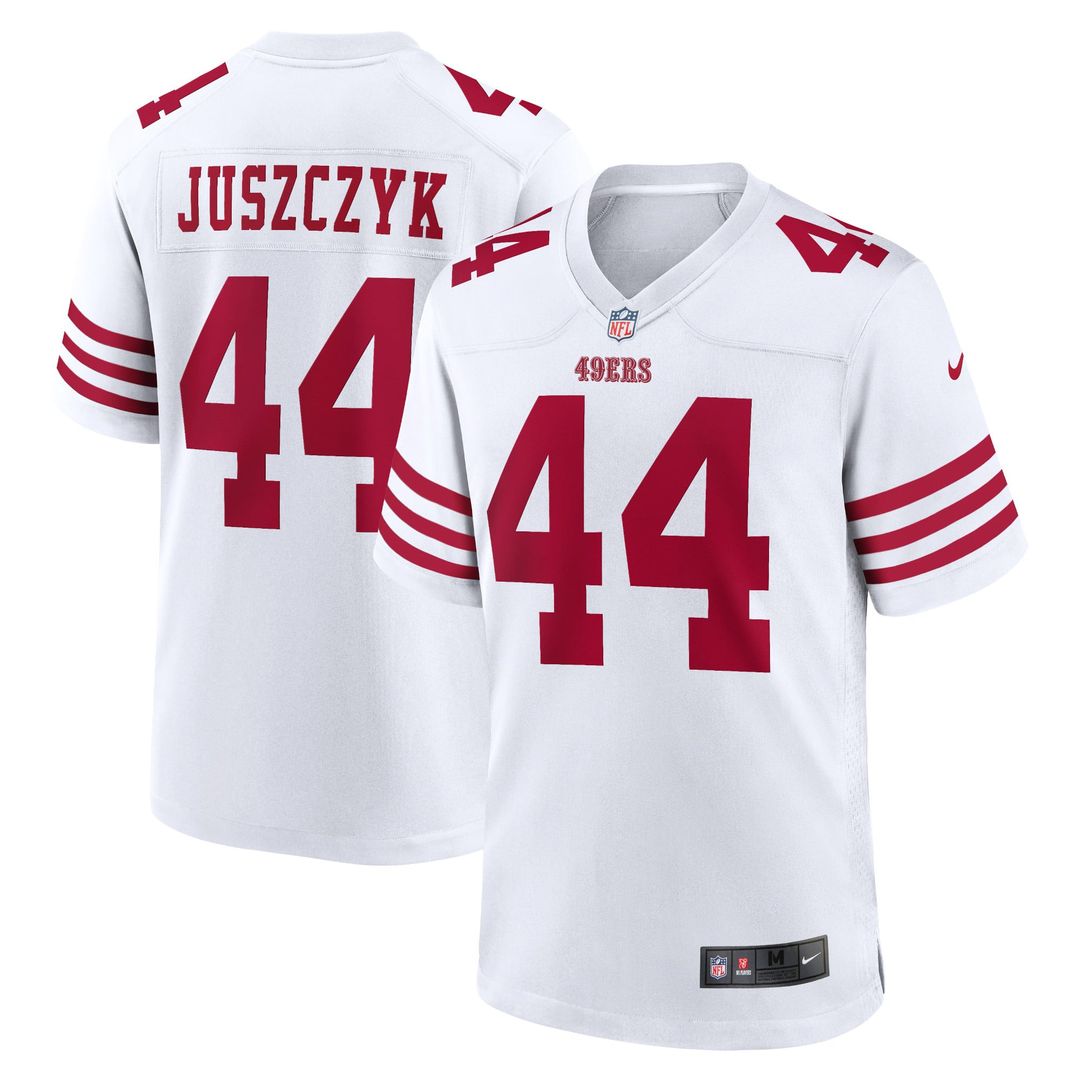 San Francisco 49ers Kyle Juszczyk White Player Game Jersey product image 1, provided for visual reference and product detail