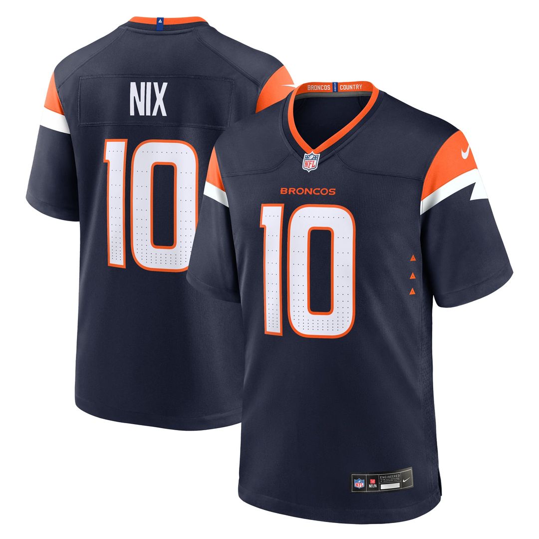 Denver Broncos Bo Nix Navy Alternate Game Jersey product image 1, provided for visual reference and product detail review