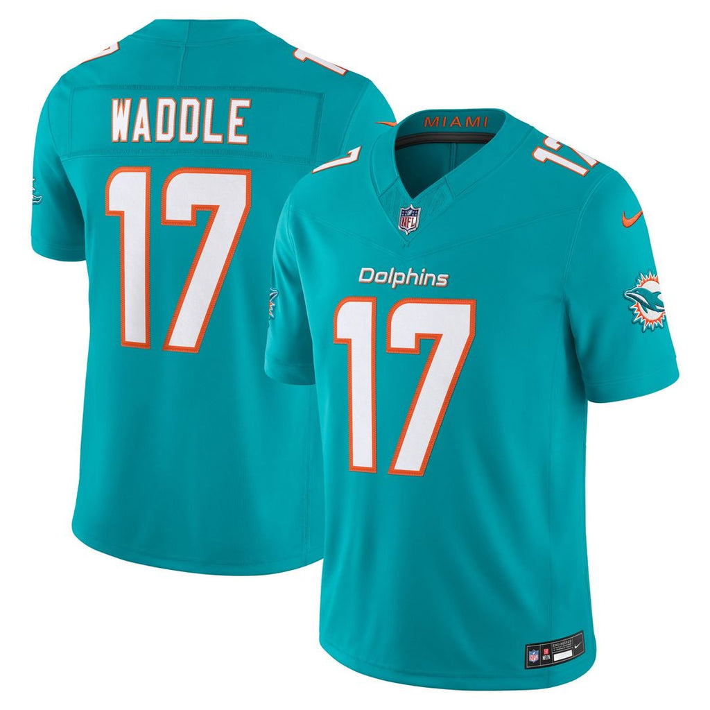 Miami Dolphins Jaylen Waddle Aqua Team Vapor F.U.S.E. Stitched Limited Jersey product image 1, provided for visual reference