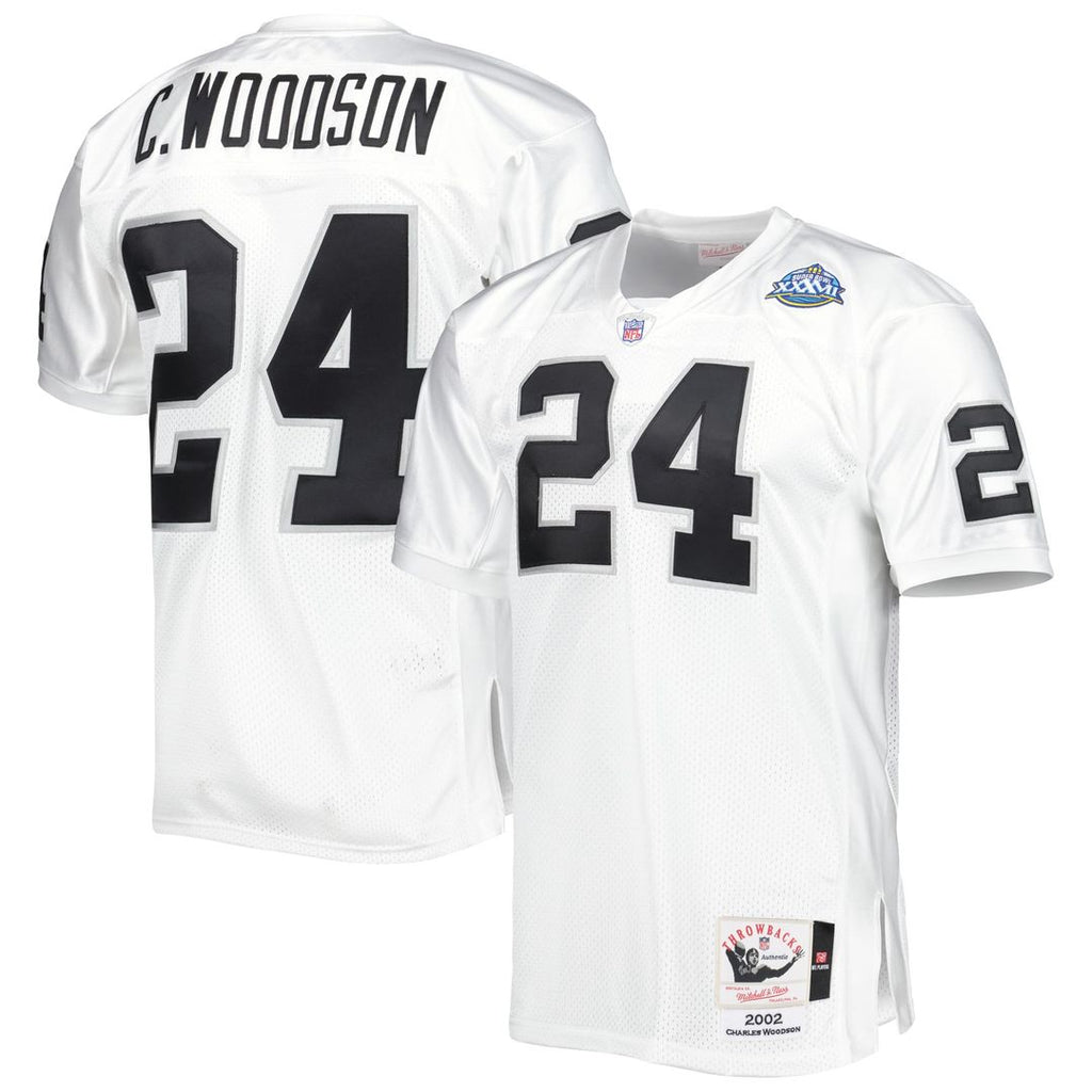 Las Vegas Raiders 2002 Charles Woodson White Authentic Throwback Retired Player Jersey product image 1, provided for visual