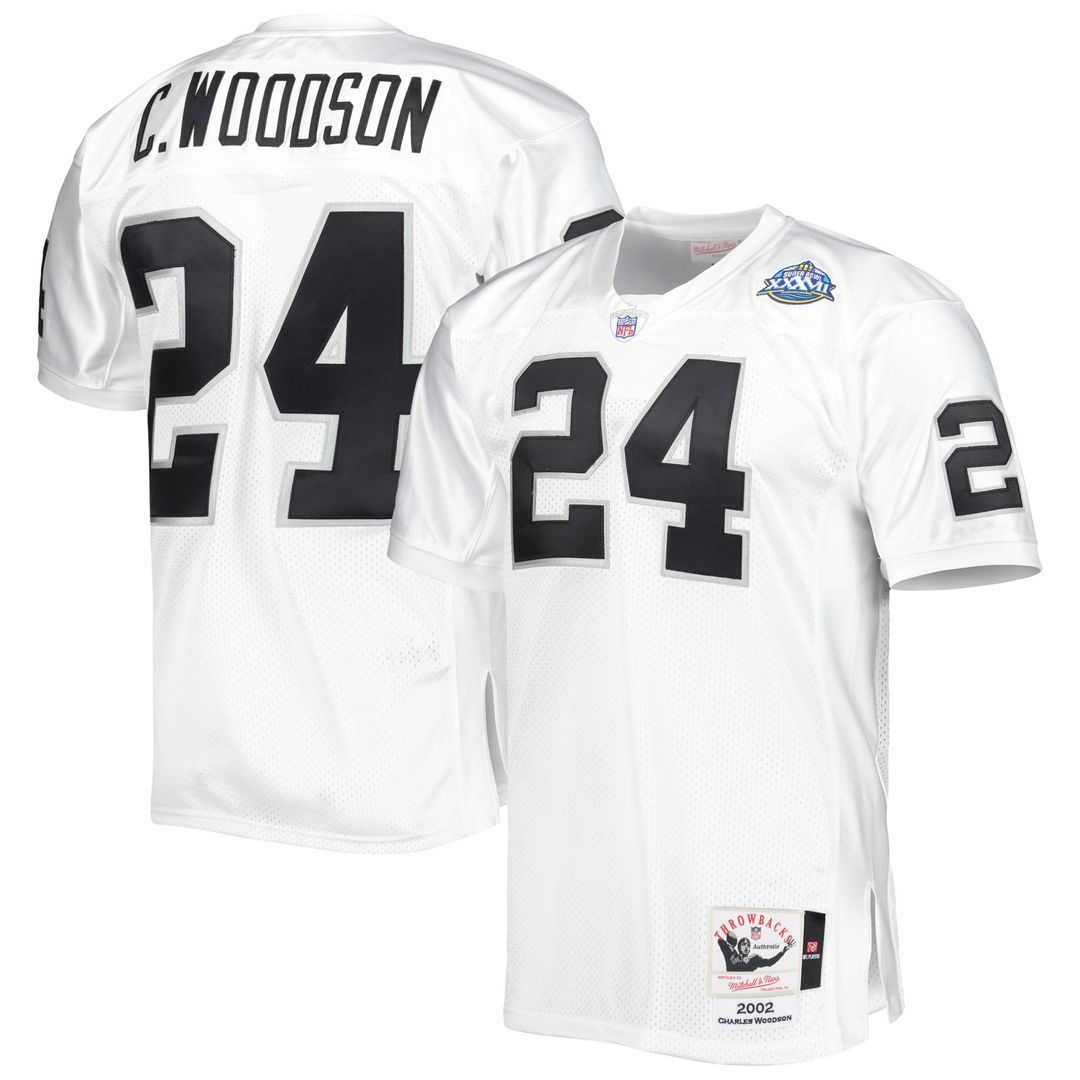 Las Vegas Raiders 2002 Charles Woodson White Authentic Throwback Retired Player Jersey product image 1, provided for visual