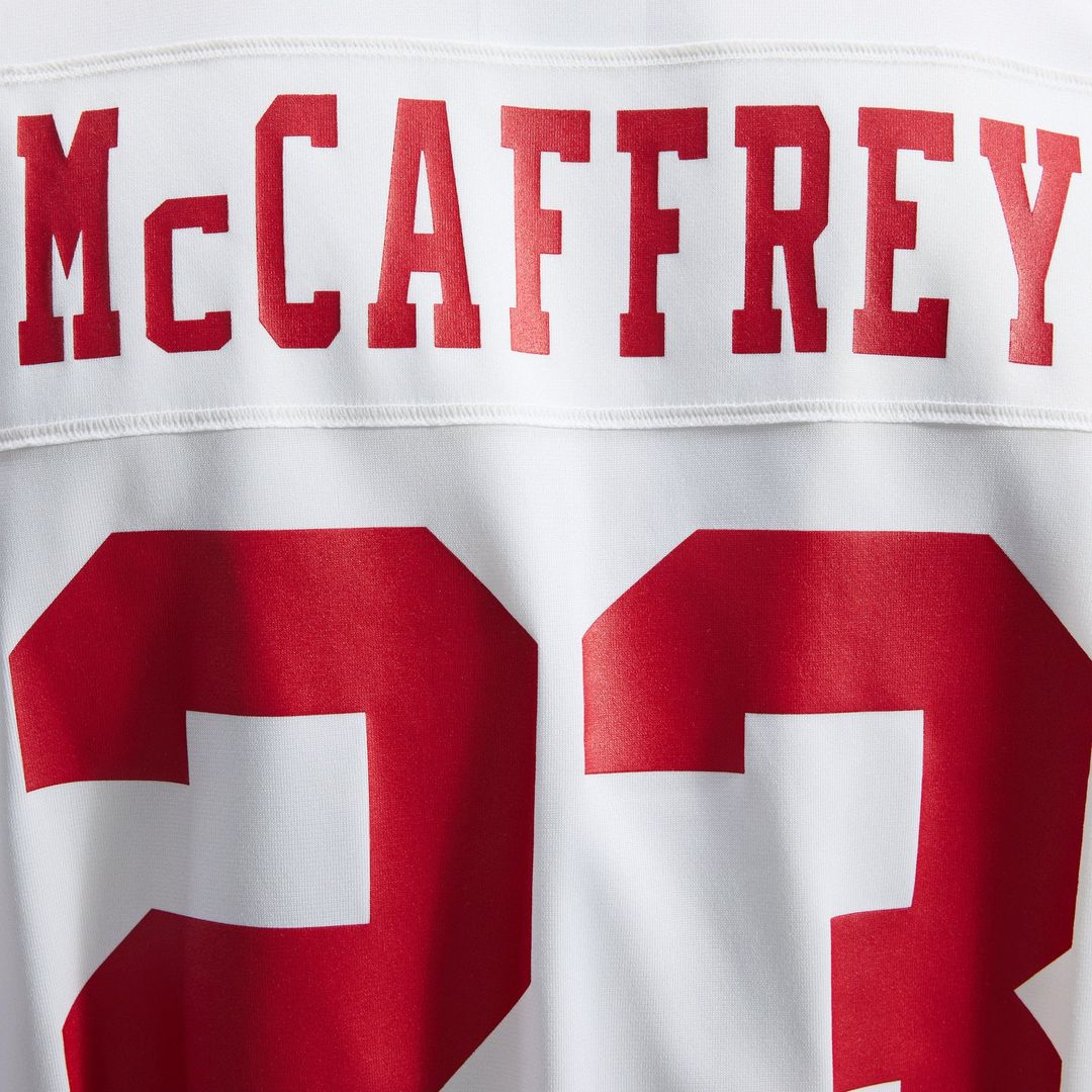 San Francisco 49ers Christian McCaffrey White Game Player Jersey product image 9, provided for visual reference and product