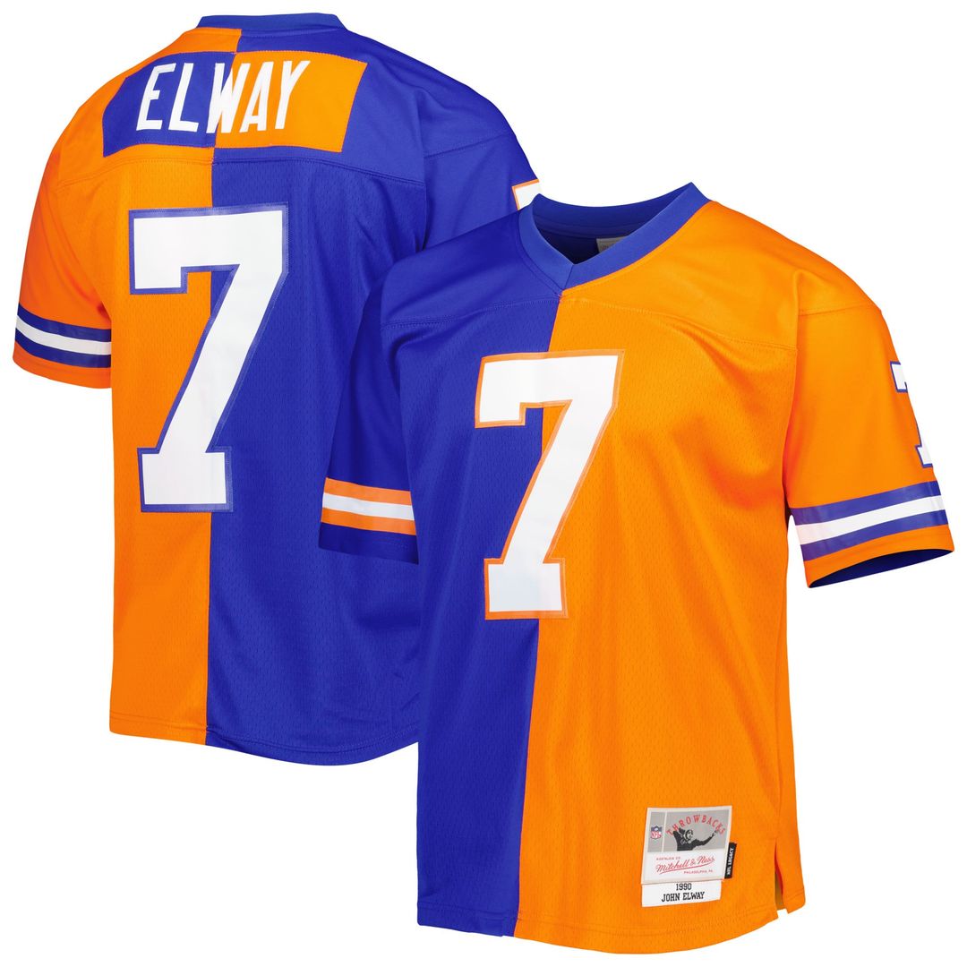 Denver Broncos John Elway Royal/Orange 1990 Split Legacy Replica Jersey product image 1, provided for visual reference and