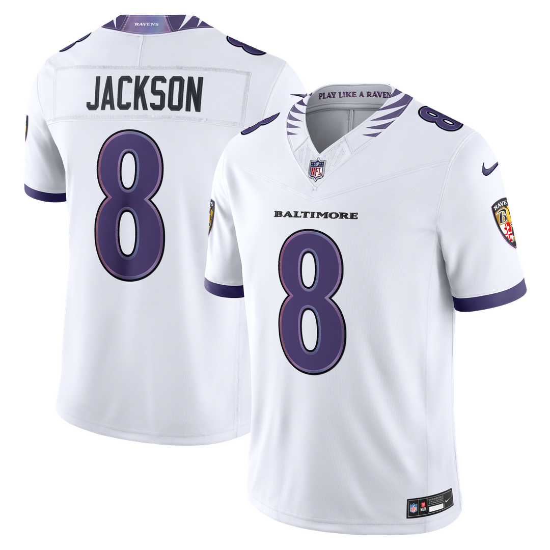 Baltimore Ravens Lamar Jackson White Vapor F.U.S.E. Stitched Limited Jersey product image 14, provided for visual reference