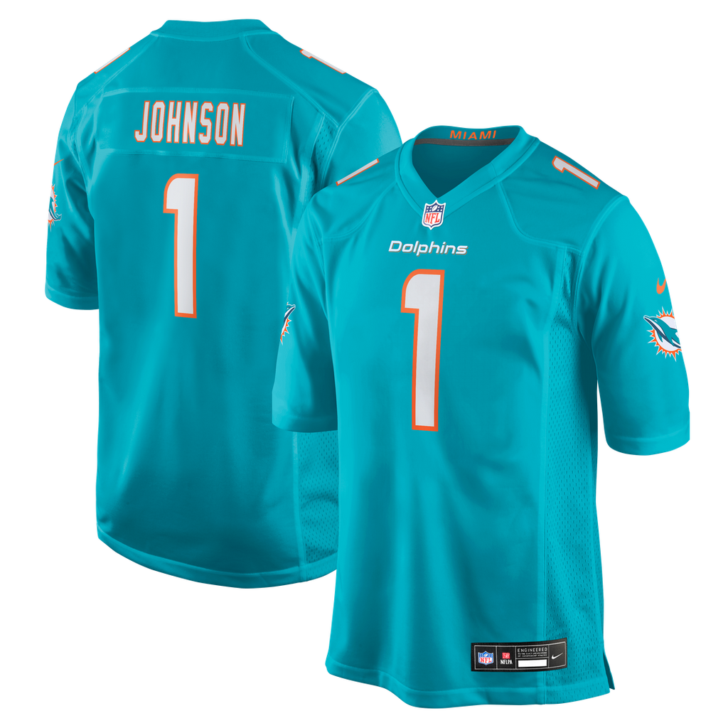Miami Dolphins Chris Johnson Aqua Team Game Jersey product image 1, provided for visual reference and product detail review