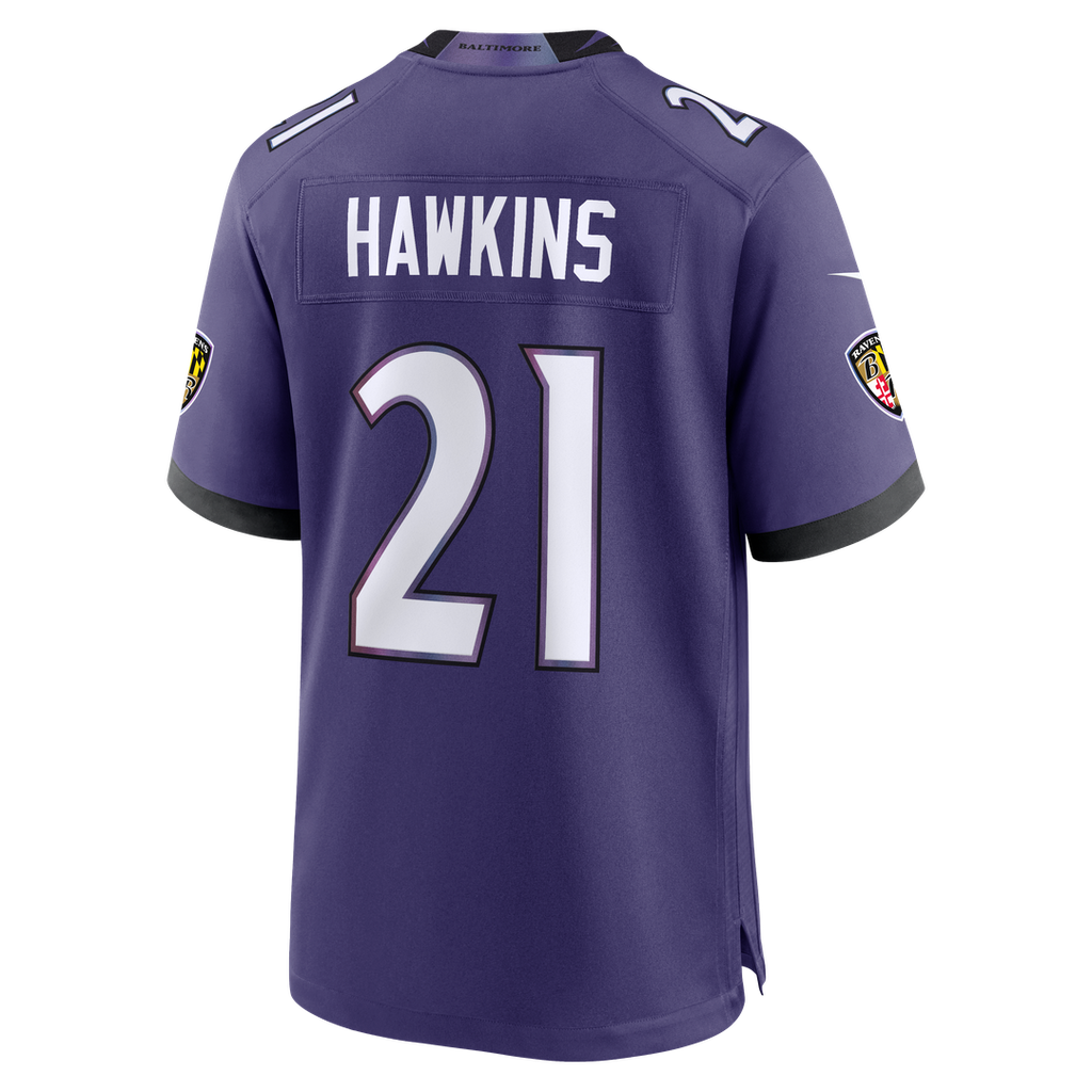 Baltimore Ravens Jaylinn Hawkins Purple Team Game Jersey product image 3, provided for visual reference and product detail