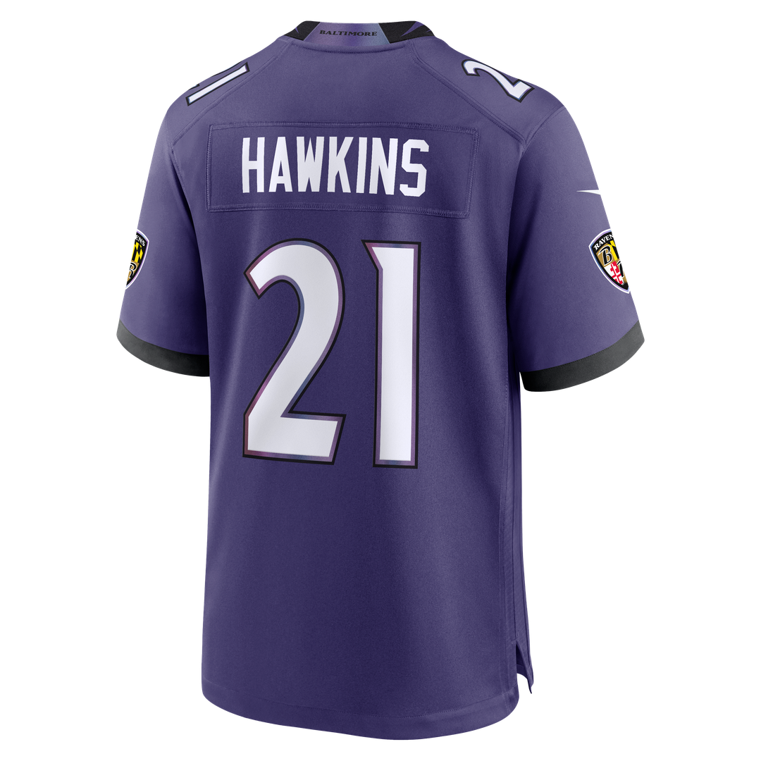 Baltimore Ravens Jaylinn Hawkins Purple Team Game Jersey product image 3, provided for visual reference and product detail