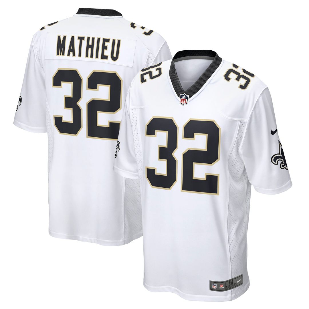New Orleans Saints Tyrann Mathieu White Game Jersey product image 1, provided for visual reference and product detail review